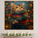 Christmas Kitten in Colorful Sweater Adorable Holiday Cat Painting Festive Winter Scene Perfect for Cozy Home Office Seasonal Decoration or Christmas Gift on Ready to Hang 1.5" Thick Canvas Wrap, Floating Framed Canvas, Flat Rolled Canvas